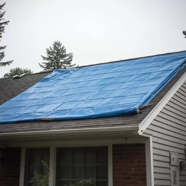 Emergency roof tarp installed after storm damage to protect home